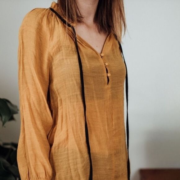 Active USA Gold Boho Tie Front Long Sleeve Peasant Blouse - Picture 2 of 16